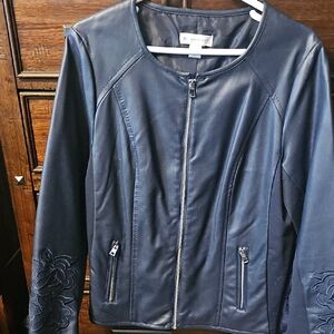 Dark Blue Leather Jacket with Fitted Silhouette and Round Neckline